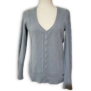 DKNY Vintage V-neck Preppy Cable Knit Gray Sweater w/Ribbed Long Sleeves, Large